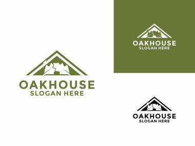 Oak House logo simgesi, ev logosu tasarımı illüstrasyon vektör şablonlu meşe yaprağı