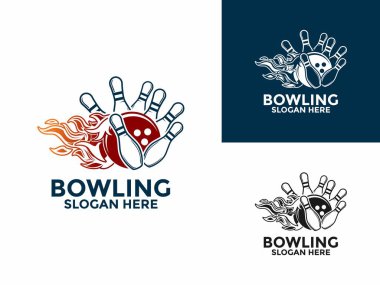 Bowling spor logosu vektörü, Pin Strike Bowling alevli logo tasarımı şablonu