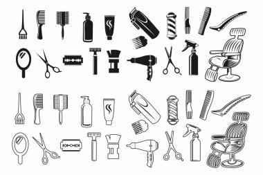 Berber dükkanı elementleri vektörü, berber dükkanı ve kuaför ikonları vektör koleksiyonları büyük bir set