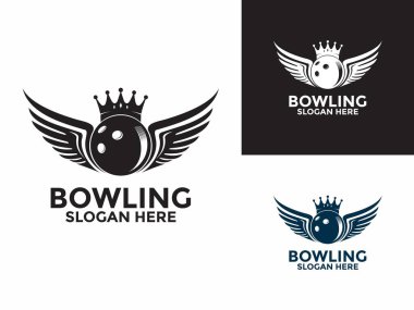 Bowling spor logosu vektörü, Kings Bowling logosu tasarım şablonu, kanatlı bowling ve taç logosu.