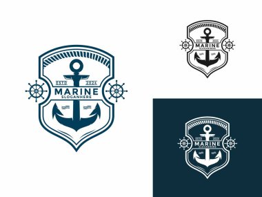 Anchor Shield vintage logosu, Anchor, halat, direksiyon ve Shield amblemli Marine retro amblemi.