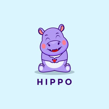 Şirin Hippo oturuyor ve eller aşk vektör simgesi oluşturuyor, suaygırı simgesi logo şablonu