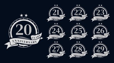 Set of Silver anniversary celebration logo vector. Premium anniversary celebration emblem logo design template collections clipart