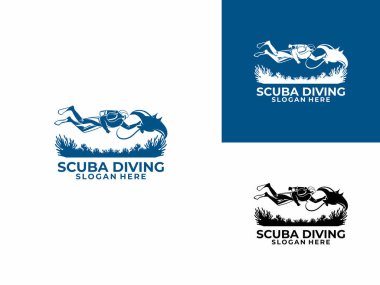 Scuba Dalış Logosu Tasarım Vektör Şablonu. Dalgıç ve Stingray logo ikonu. Sualtı Seyahat logosu tasarımı