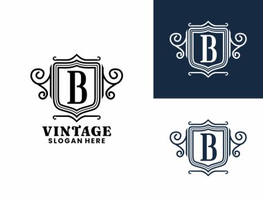 Kalkan ve çizgi element logo tasarım vektörlü ilk harf B. Klasik Harf B logo tasarım vektör şablonu. Kalkan Retro logo premium vektörü