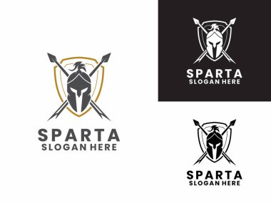 Mızrak ve kalkanla Spartalı savaşçı sembolünün miğferi. Sparta logolu koruma logosu tasarımı vektörü