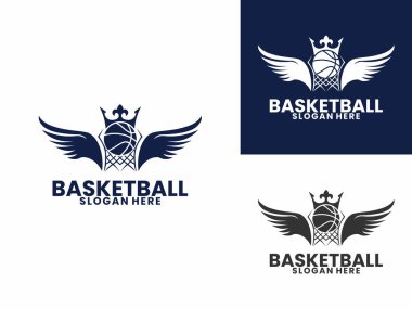 Kanatlı basketbol ve taç logosu tasarım vektör şablonu. Zarif Kraliyet Basketbol logosu tasarım simgesi