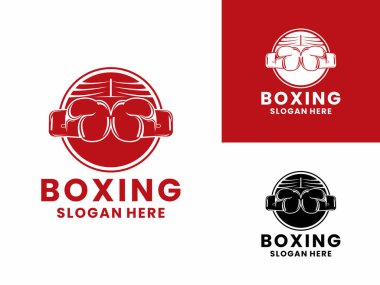 Boks kulübü, Fighter Tournament logosu için boks logosu tasarımı vektörü. Basit logoyu eldiven ve halka vektörüyle boks yapmak