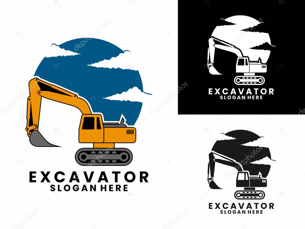 Heavy equipment excavator with bright cloudy atmosphere construction logo design vector template.