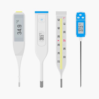 Beyaz üzerinde izole edilmiş vücut sıcaklığını gösteren ekranı olan modern elektronik termometre. Ateş tanısı ve sağlık hizmeti kavramı