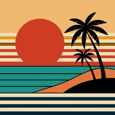 vintage beach scene with retro stripes and an orange sun natural color, tropical beach aesthetic design clipart