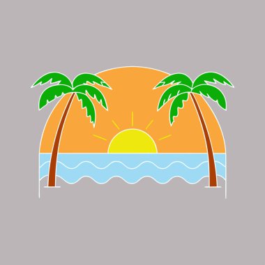 vibrant sunset over ocean waves with tropical palm trees, retro aesthetic clipart