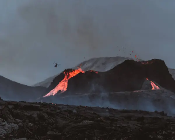 stock image Helicopter flying over Fagradallsfjall volcano eruption, Iceland