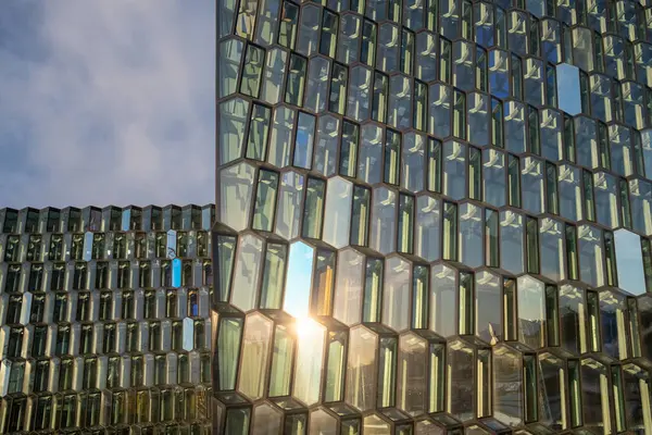 stock image Close-up view of the modern glass facade of Harpa Concert Hall in Reykjavik, Iceland.