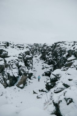 Person hiking through a snowy gorge in Thingvellir National Park, Iceland. clipart