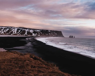 Reynisfjara kara kumsal Reynisdrangar deniz yığınları, Güney İzlanda