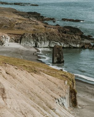 Doğu İzlanda Fauskasandur 'daki dramatik sahil kayalıkları ve siyah kumsal plajı