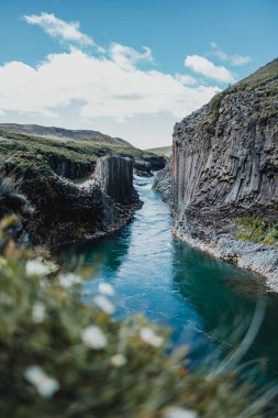 Studlagil Kanyonu, İzlanda 'da bazalt kaya oluşumları ve turkuaz nehri.