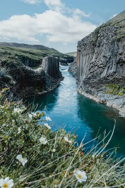 Studlagil Kanyonu, bazalt kayalıkları ve canlı turkuaz nehri, İzlanda
