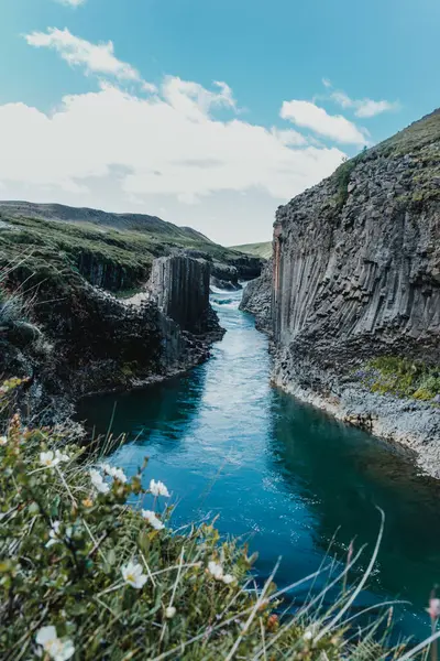 Studlagil Kanyonu, bazalt kayalıkları ve canlı turkuaz nehri, İzlanda