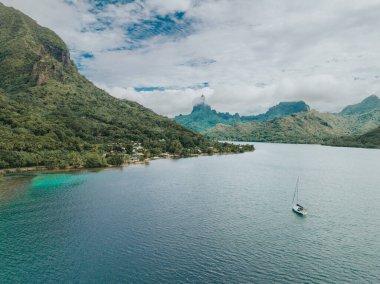 Baie d 'Opunohu' da yüzen yelkenli Moorea Adası 'nın yemyeşil dağlarıyla.