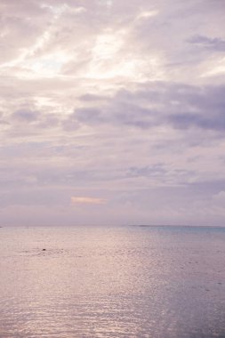 Fransız Polinezyası 'ndaki Moorea Adası' ndaki sakin okyanus sularının üzerinde pastel gün batımı