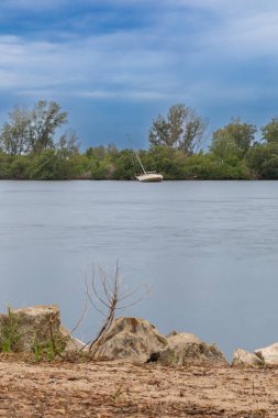 Bu kıyı şeridi manzarasında mavi gökyüzünün altında Anclote River Park, 2024 yazında ABD 'de bulunan bulutlu bir tekne bulunmaktadır.
