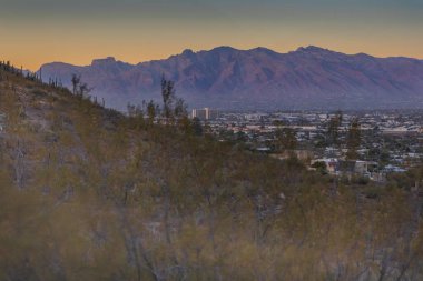 Tucson 'da nefes kesen bir gün batımı gökyüzünü turuncu ve mor renkli canlı renklerle boyar ve şehrin altını sıcak bir şekilde aydınlatır. Uzak dağların silueti renkli arkaplana karşı dik duruyor ve dramatik bir kontrastlık yaratıyor.. 