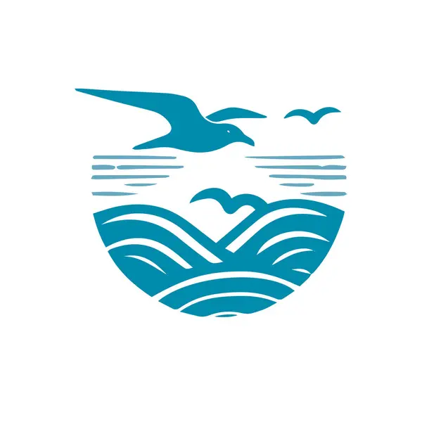 Siyah beyaz dalgaları ve martıları olan deniz logoları koleksiyonu