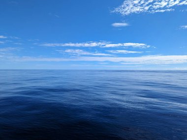 Güzel, güneşli bir sahil. Ufuk çizgisine kadar sakin suları olan bir yolcu gemisinde.