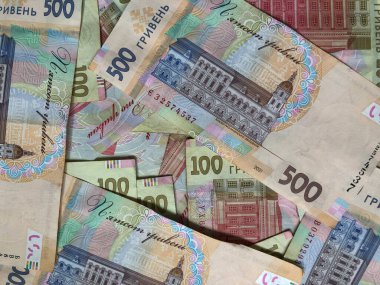Arkaplanı Hryvnia banknotlarından yapılmış. Ukrayna parası. Para birimi.