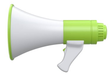 Beyaz arka planda megafon izole edilmiş. 3D alışveriş ve reklam fikri, işe alım kavramı