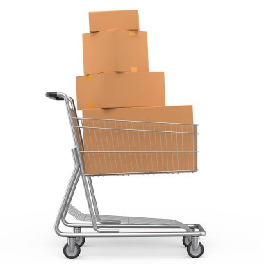 Alışveriş arabası ya da market arabası beyaz arka planda. 3D satış, indirim, alışveriş ve teslimat konsepti, paket ve çevrimiçi alışveriş