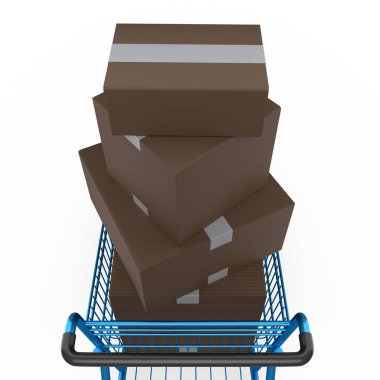 Alışveriş arabası ya da market arabası beyaz arka planda. 3D satış, indirim, alışveriş ve teslimat konsepti, paket ve çevrimiçi alışveriş