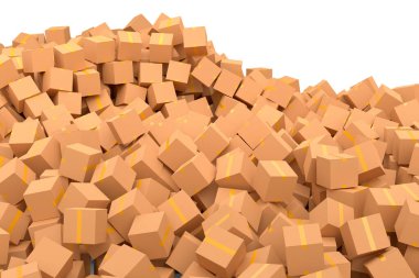 Beyaz arka planda izole edilmiş bir yığın karton kutu ya da hediye kutusu. 3D ekspres teslimat kavramı depo, paket taşımak ve çevrimiçi alışveriş