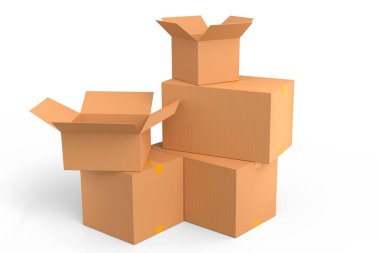 Beyaz arka planda izole edilmiş karton kutular ya da karton hediye kutusu. 3D ekspres teslimat kavramı depo, paket taşımak ve çevrimiçi alışveriş
