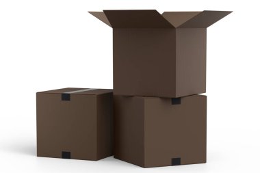 Beyaz arka planda izole edilmiş karton kutular ya da karton hediye kutusu. 3D ekspres teslimat kavramı depo, paket taşımak ve çevrimiçi alışveriş