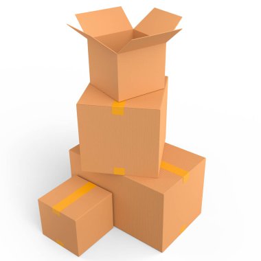 Beyaz arka planda izole edilmiş karton kutular ya da karton hediye kutusu. 3D ekspres teslimat kavramı depo, paket taşımak ve çevrimiçi alışveriş