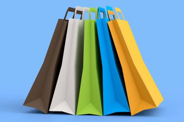 Set of kraft paper bag with handle isolated on blue background. 3d render concept of online shopping and gift boxing