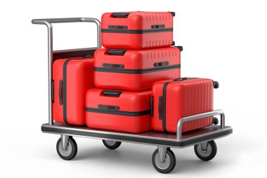 Beyaz arka planda bagaj taşımak için otel vagonunda normal polikarbonat bavulu. 3D seyahat konsepti. Tatil ve bagaj taşımacılığı.