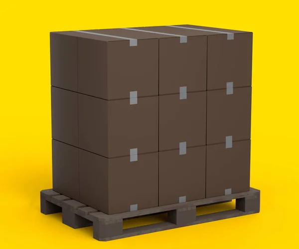 Set Wooden Pallet Warehouse Cargo Storage Cardboard Boxes Yellow Background — Stockfoto