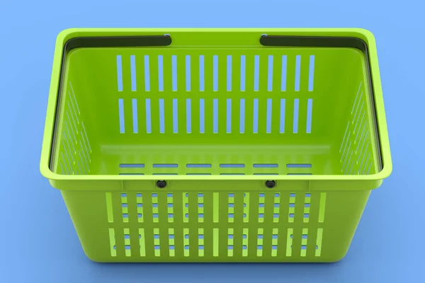 stock image Plastic shopping basket from supermarket on blue background. 3d render concept of online shopping andblack friday sale