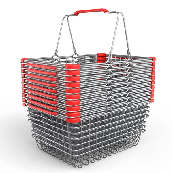 Stack Metalwire Shopping Basket Supermarket White Background Render Concept Online — Zdjęcie stockowe