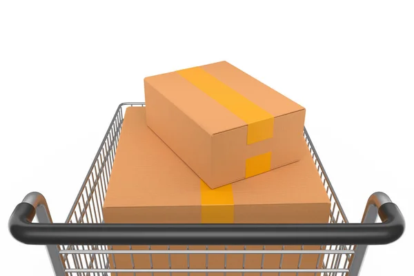 白い背景に食料品のショッピングカートやトロリー 3Dレンダリングの概念の販売 ショッピングや倉庫への配信 小包やオンラインショッピングを運ぶ — ストック写真