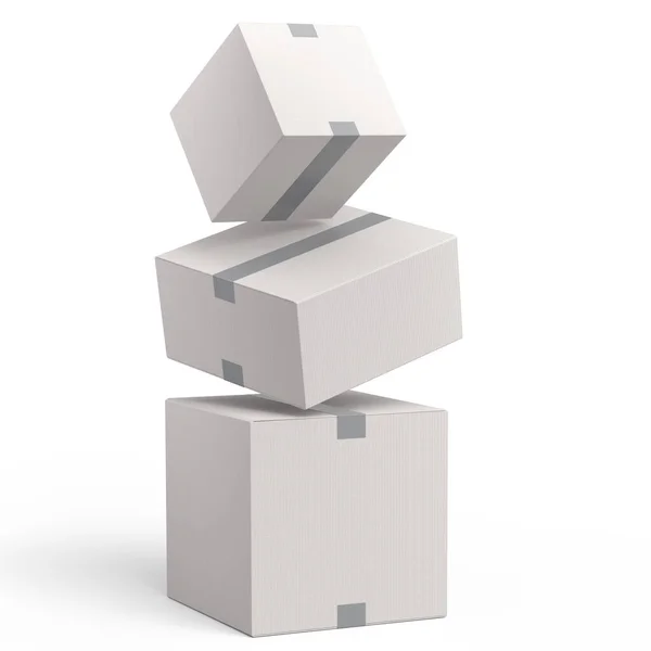 白い背景に隔離された段ボール箱やカートンギフトボックスのスタック 倉庫へのエクスプレス配送 小包とオンラインショッピングの3Dレンダリングコンセプト — ストック写真