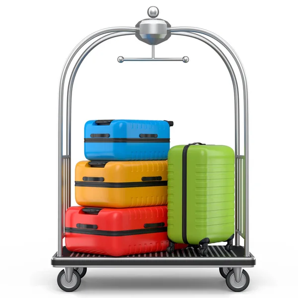 酒店推车上的普通聚碳酸酯行李箱 用于白色背景的行李运输 将酒店服务的旅游概念转化为度假及行李运输 — 图库照片
