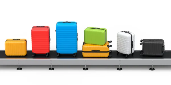 机场行李传送带 生产线或行李认领区 行李箱白色底座 旅行假概念的三维表述 — 图库照片
