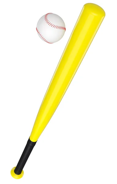 黄色橡胶专业垒球或棒球棒和白色背景隔离的球 3D为团队游戏提供体育配件 — 图库照片