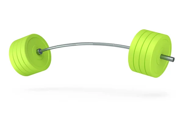 带绿色圆盘的带白色背景的抽象金属棒 3D提供用于健身和举重的体育设备 — 图库照片