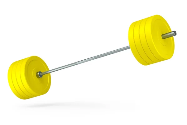 摘要在白色背景上分离的带黄色圆盘的金属杠铃 3D提供用于健身和举重的体育设备 — 图库照片